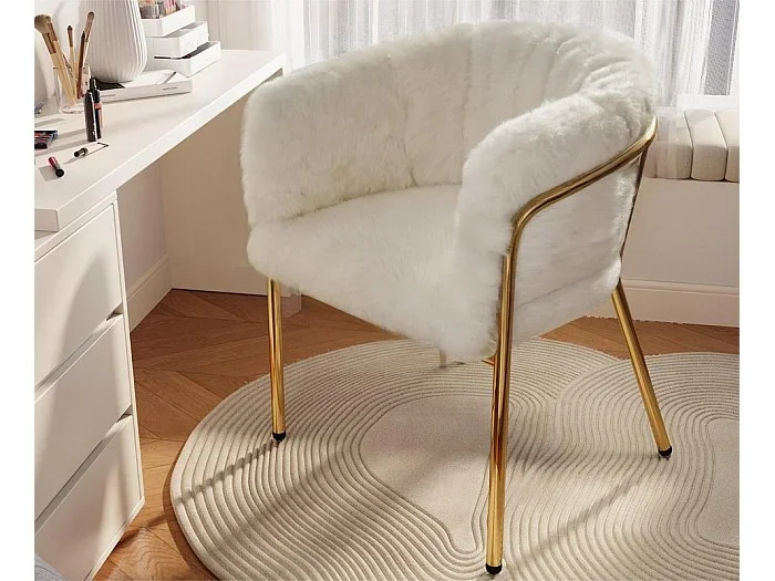 1 Sillón para comedor, salón o dormitorio – en imitación plumón de conejo – con 4 patas de metal dorado – Beige