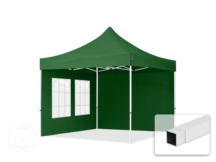 3×3 m Carpa plegable, ECONOMY acero 30mm, 2 laterales incl. con ventanas rectangulares, verde oscuro