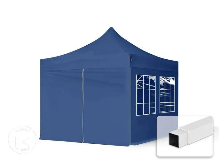 3×3 m Carpa plegable, ECONOMY acero 30mm, 4 laterales incl. con ventanas rectangulares, azul