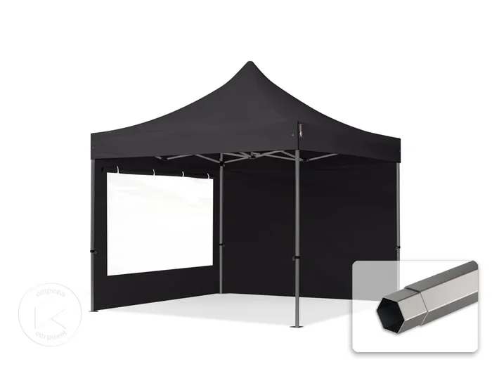 3×3 m Carpa plegable, PREMIUM acero 40mm, 2 laterales incl. con ventanas panorámicas, negro