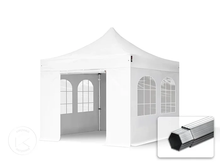 3×3 m Carpa plegable, PROFESSIONAL aluminio 40mm, 4 laterales incl. con ventanas de arco, blanco