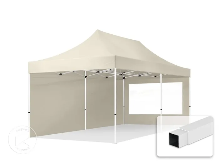 3×6 m Carpa plegable, ECONOMY acero 30mm, 2 laterales incl. con ventanas panorámicas, crema