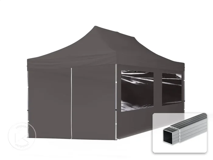 3×6 m Carpa plegable, ECONOMY aluminio 32mm, 4 laterales incl. con ventanas panorámicas, gris oscuro
