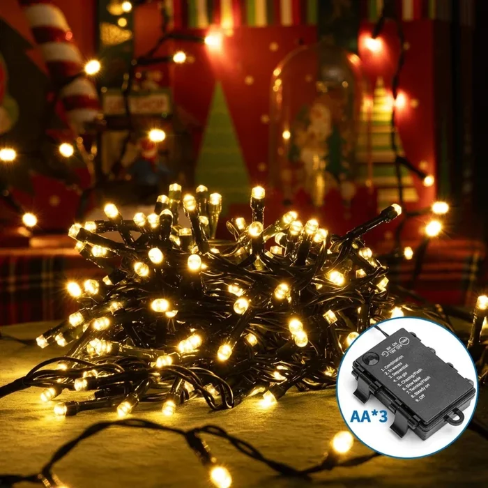 Aigostar – Cadena LED navideña exterior 300xLED/8 funciones 3xAA 15,3m IP44 blanco cálido