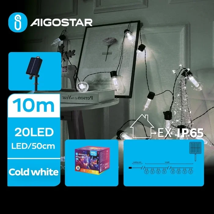 Aigostar – Cadena navideña solar LED 20xLED/8 funciones 11,5m 1200 mAh IP65 blanco frío