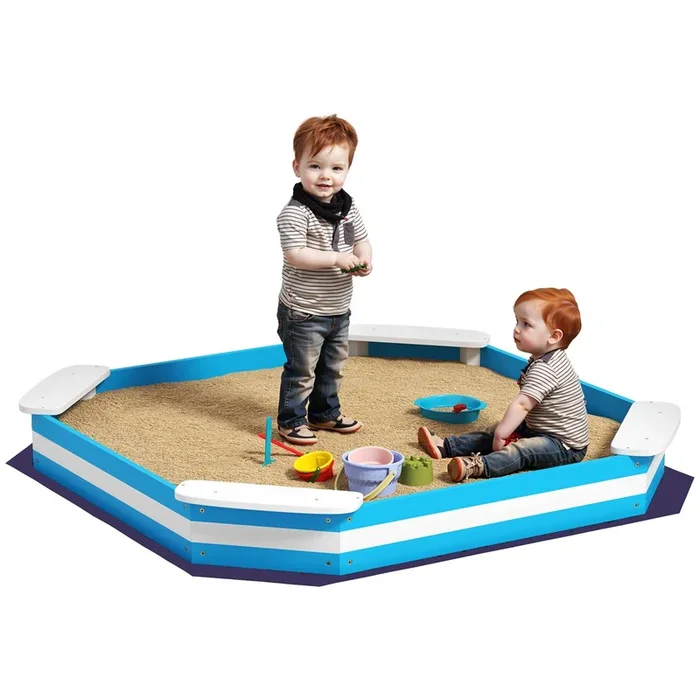 AIYAPLAY Arenero para Niños de +3 Años Arenero Infantil Cuadrada con 4 Asientos para Exterior 133x133x16 cm Azul y Blanco
