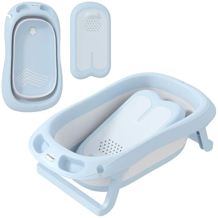 AIYAPLAY Bañera Plegable Bebé con Soporte 83x48x23,5 cm Bañera Bebé 0-3 Años con Orificio de Drenaje y Agujero de Ducha Azul Claro
