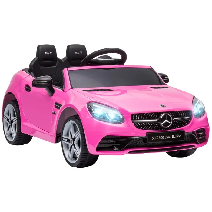 AIYAPLAY Coche Eléctrico para Niños de +3 Años, Mercedes SLC 300, Coche Eléctrico 12V, con Mando a Distancia 2,4 G, Ruedas Traseras con Suspensión, Faros LED, Música, USB, Motor Doble, Rosa