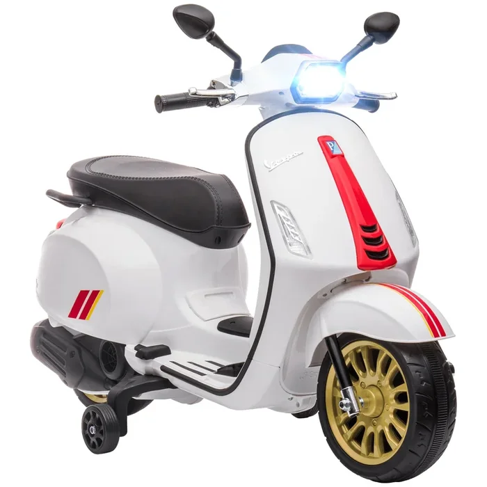 AIYAPLAY Moto Eléctrica para Niños de +3 Años con Licencia Vespa Moto de Batería para Niños 6V con USB MP3 Luz LED Radio FM Velocidad 3 km/h Carga 35 kg Blanco