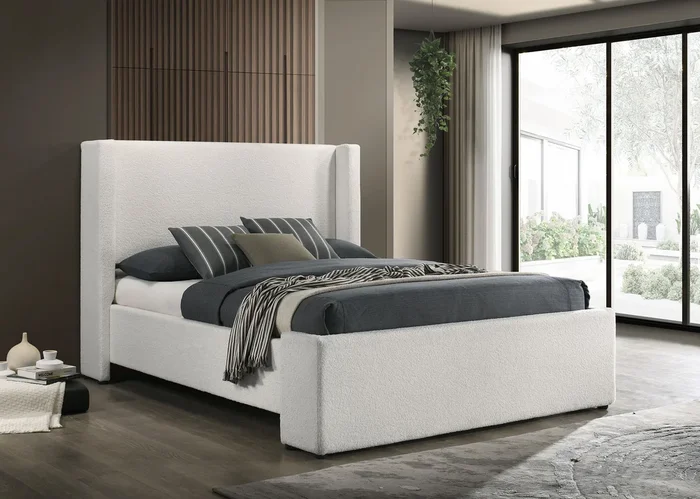 Alamosa White Boucle Upholstered Eastern King Wingback Platform Bed