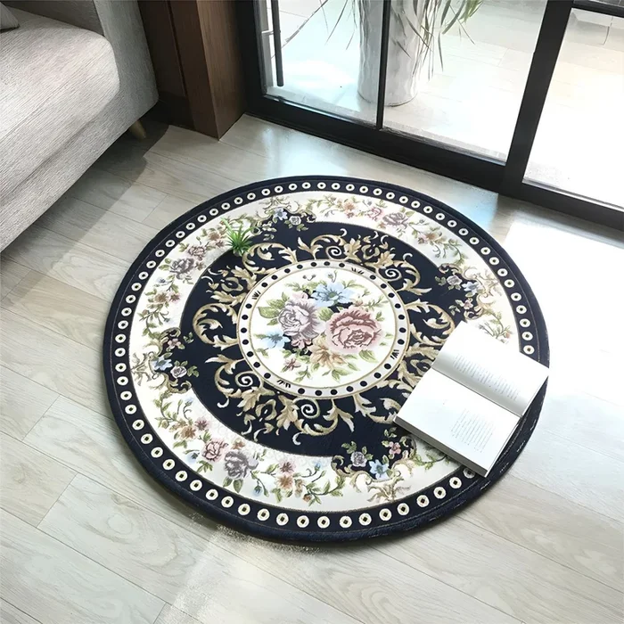 Alfombra Antideslizante de Polipropileno con Patrón de Flor Tapiz Multicolor Retro para Sala de Estar – Azul marino 80 x 80 cm