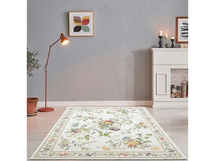 Alfombra con borde y motivos florales 80×150 cm Crema Flomi