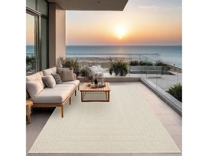 Alfombra Kansas Exterior Interior Aspecto Yute Resistente intemperie liso – Crema – 120 x 170 cm