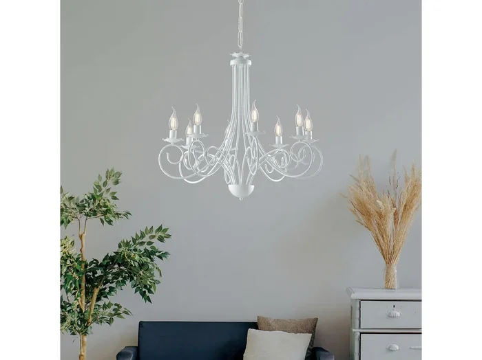 Alma – Lámpara de araña de hierro lacado en blanco con decoración. Lámpara de techo efecto shabby chic 8 luces 128 – Ø67 – BL130-8-BCO