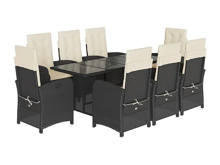 Almkerk Set de comedor de jardín 9 pzas y cojines ratán sintético negro
