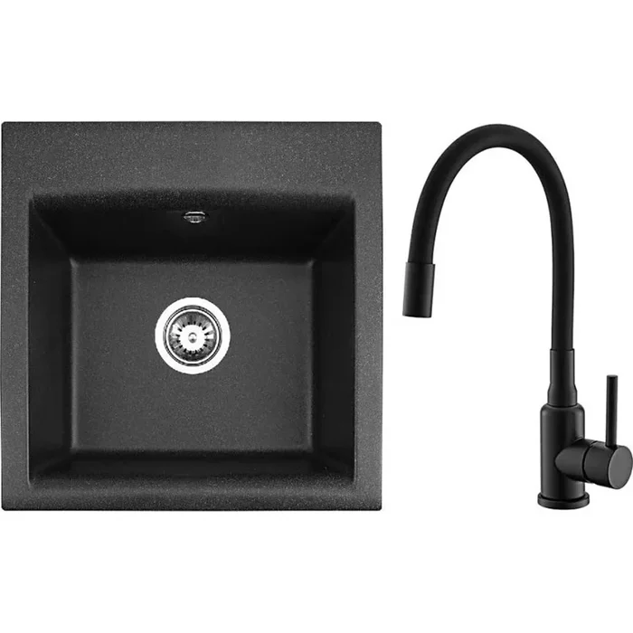 ALVEUS SETA23193 – Fregadero de cocina ATROX 50×50 cm + grifo de cocina con caño flexible MINTAS 34 cm granito/negro mate