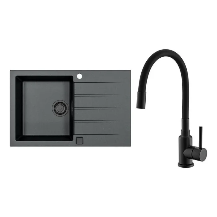 ALVEUS SETA23231 – Fregadero de cocina CADIT 79×50 cm + grifo de cocina con caño flexible MINTAS 34 cm granito/negro mate