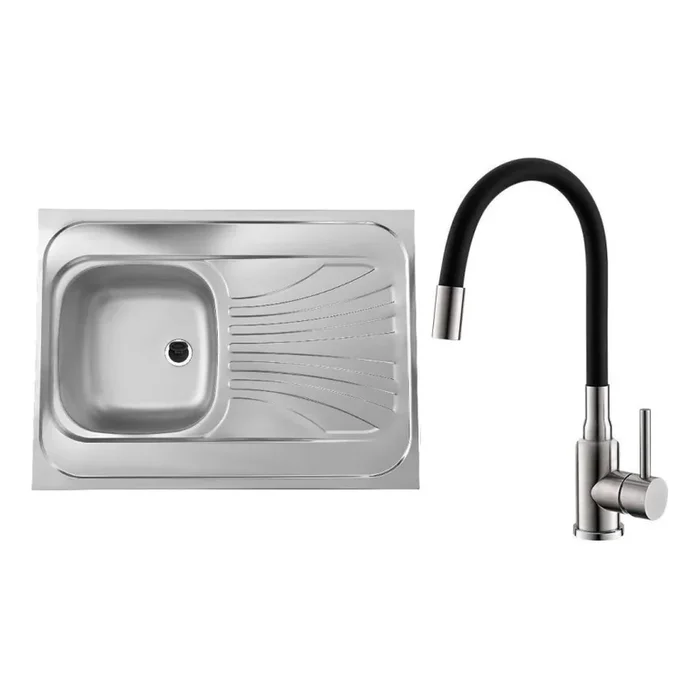 ALVEUS SETA24019 – Fregadero de cocina CLASSIC 80×60 cm + grifo de cocina con caño flexible MINTAS 34 cm acero cepillado/negro