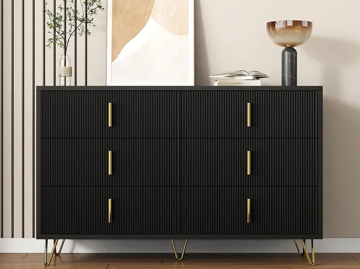 Aparador 120x40x77 cm – con 6 cajones – tiradores dorados – Negro