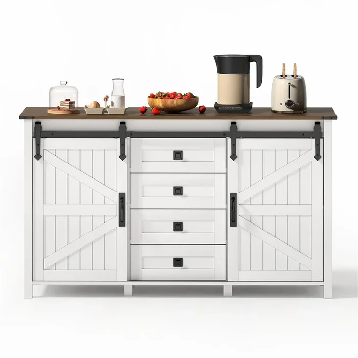 Aparador 137 cm – con puertas correderas y 4 cajones, estilo vintage, mueble de almacenamiento – blanco