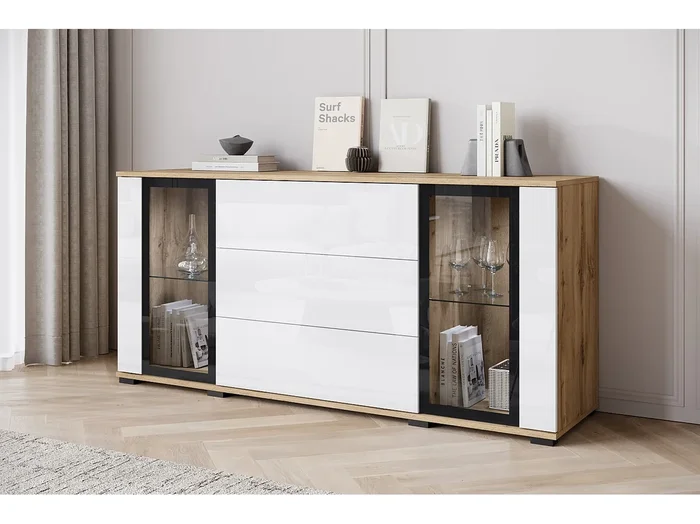 Aparador 150 cm para salón – vitrina moderna con cristales y cajones cuerpo roble wotan mate y frentes blanco brillo
