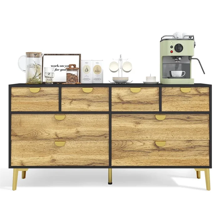 Aparador 150x40x78 cm – 8 cajones, diseño minimalista, pies metálicos, asas metálicas doradas – Negro+Natural