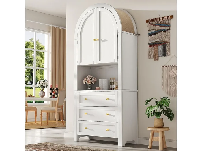 Aparador Alto Arqueado 70x35x180cm MDF Con Cajones y Estantes Salón Cocina Blanco