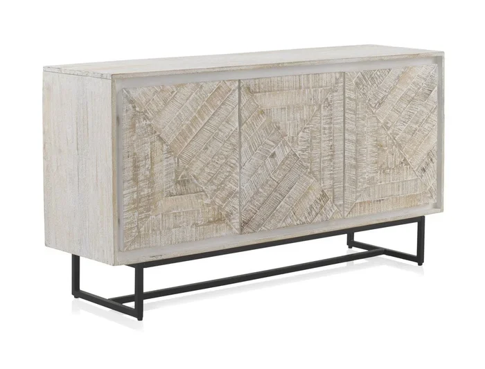 Aparador De 3 Puertas En Madera De Mango Patinado Blanco Con Patas De Metal