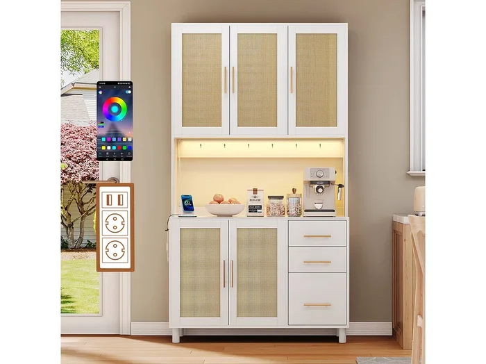 Aparador de cocina con LED – 100 x 40 x 183 cm – con USB + enchufes + estantes regulables + 3 cajones – MDF – blanco
