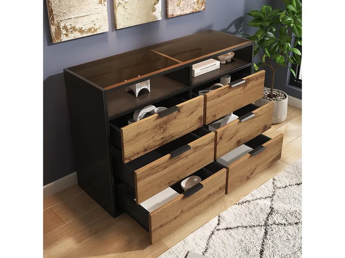 Aparador de cristal ámbar 6 cajones MDF metal almacenaje salón dormitorio 120x40x80 cm roble