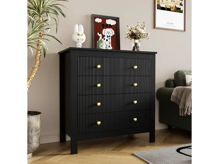 Aparador de estilo contemporáneo, cómoda con espacio de almacenamiento, con tiradores dorados, color negro