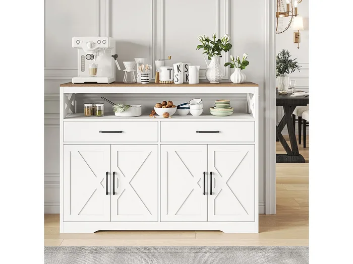 Aparador de estilo escandinavo con 2 cajones y 2 puertas, 140 cm – Madera y blanco