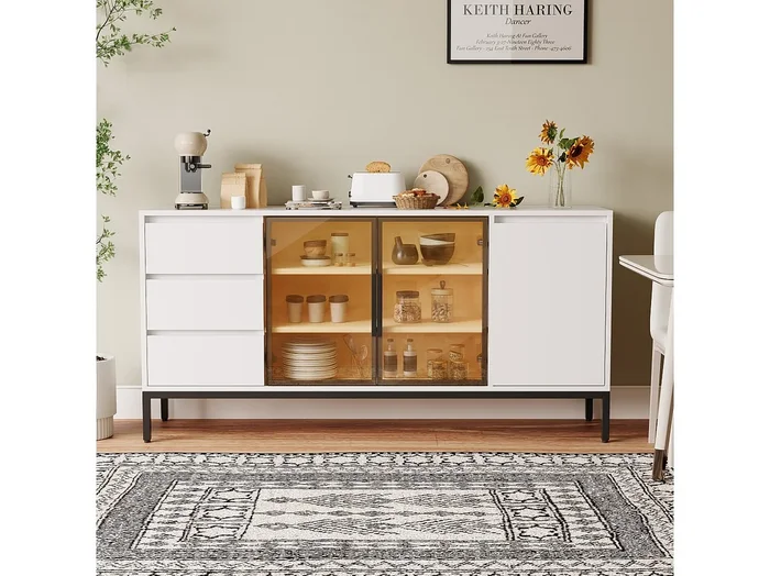Aparador de MDF blanco con 3 cajones y 2 armarios, almacenaje cocina salón 120 cm