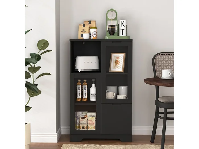 Aparador de MDF negro con puertas de cristal y cajón, mueble de almacenaje para salón dormitorio 90x40x120 cm