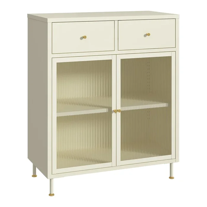 Aparador Lindau con 2 cajones puerta de cristal 96x80x40cm – Blanco crema – [en.casa]