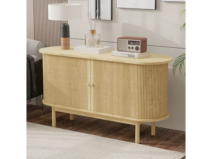 Aparador moderno madera MDF 138 cm puertas correderas estantes regulables salón comedor roble claro