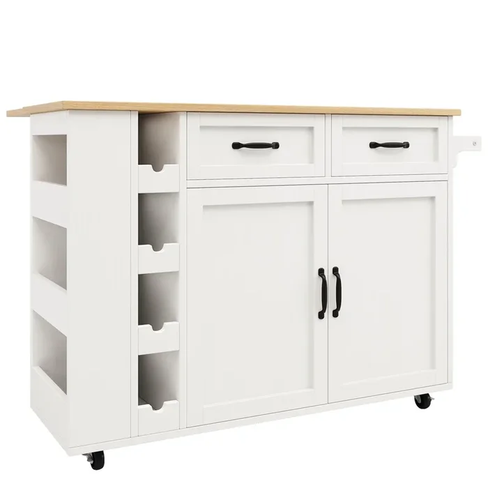 Aparador, mueble bar, carrito con ruedas y enchufes – con tapa retráctil – 2 puertas, 2 cajones y botelleros – Blanco