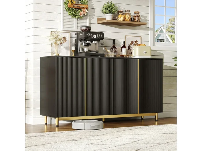 Aparador negro, puertas con relieve ondulado, patas metálicas regulables, diseño moderno, antivuelco, ideal para comedor, cocina y salón