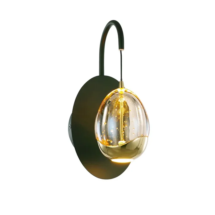 Aplique de pared Golden Egg, negro/ámbar, altura 28 cm, metal/vidrio