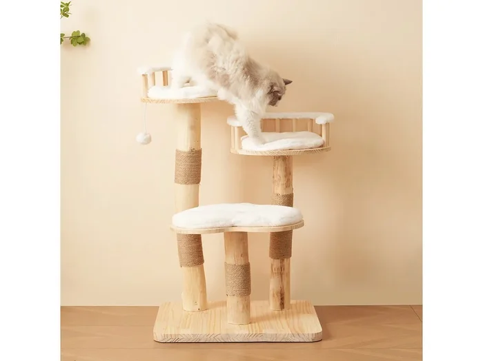 Árbol para gatos – 60 48 x 98 cm – con trampolín de 3 niveles + cojines extraíbles + pelotas de juego – Madera – Blanco