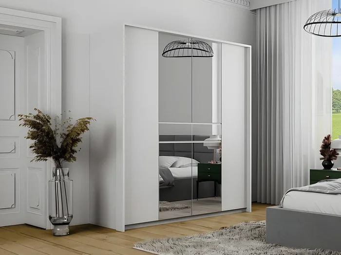 Armario 6 puertas y 1 cajón – Con espejo – 200 cm de ancho – Blanco – ZADIA