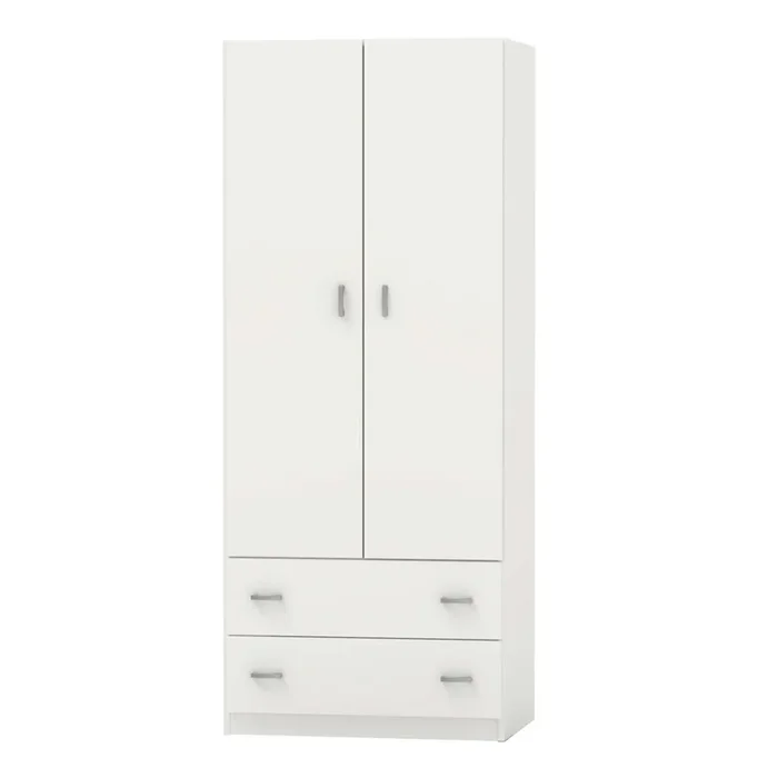 Armario Blanco Juvenil, Infantil, Armario Individual Turín 2 Puertas 2 Cajones Blanco Brillo 74×180 cm
