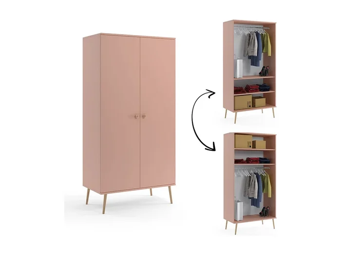 Armario Color Rosa Estilo Escandinavo – 2 Estantes y Barra – Disponible para Salón o Dormitorio 202x100x52 cm