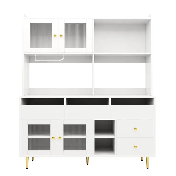 Armario de restaurante 145x39x171 cm – Puerta de vidrio Changhong, estante para copas de vino, almacenamiento en múltiples niveles – Blanco con decoración dorada