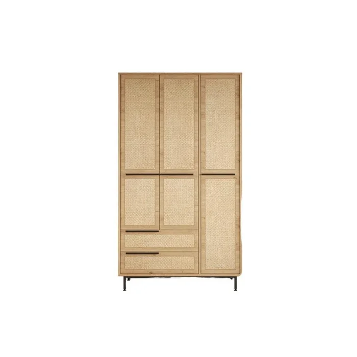 Armario OCEAN, de color beige claro, estilo moderno, medidas 196x112x55 cm, 3 puertas, 2 cajones y 6 baldas.