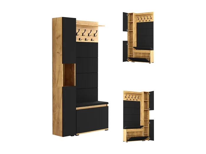 Armario para el recibidor con asiento, perchero, panel tapizado en Dorado Craft y Negro