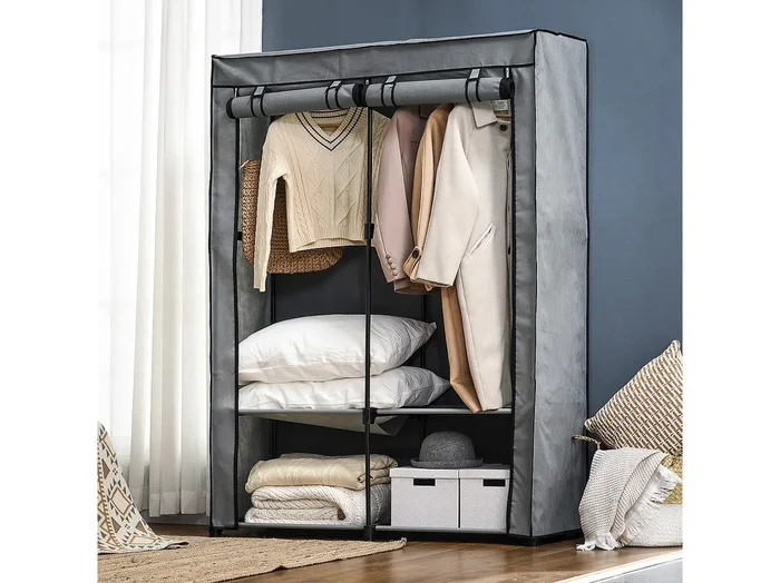Armario plegable de tela gris claro con barra y 4 compartimentos – Cierre con cremallera, práctico para organizar el dormitorio