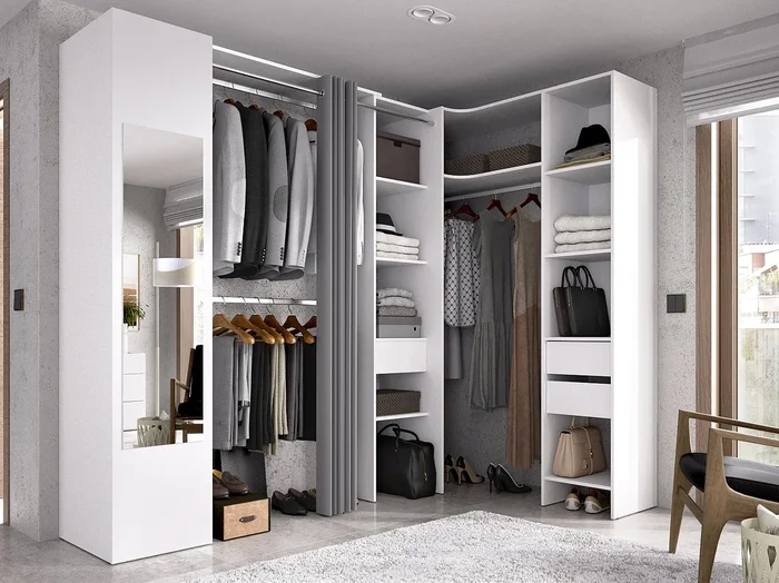 Armario ropero de esquina con cortina y 1 puerta – Con espejo – L231 cm – Blanco y gris – BERTRAND