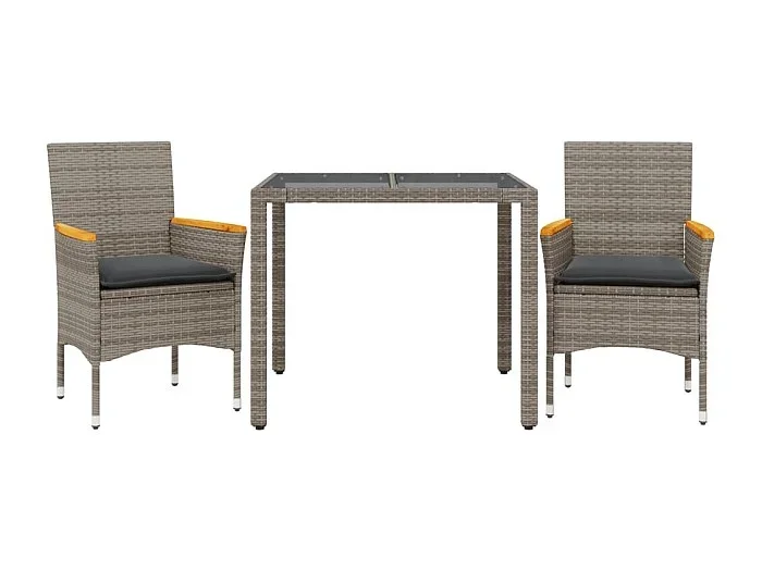 Bakersfield Set comedor jardín 3 pzas y cojines ratán sintético vidrio gris