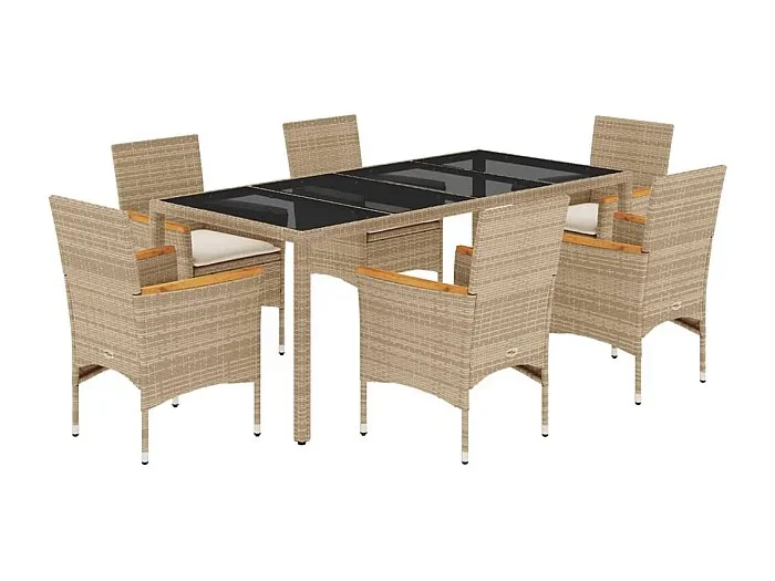 Bakersfield Set comedor jardín 7 pzas cojines ratán sintético vidrio beige